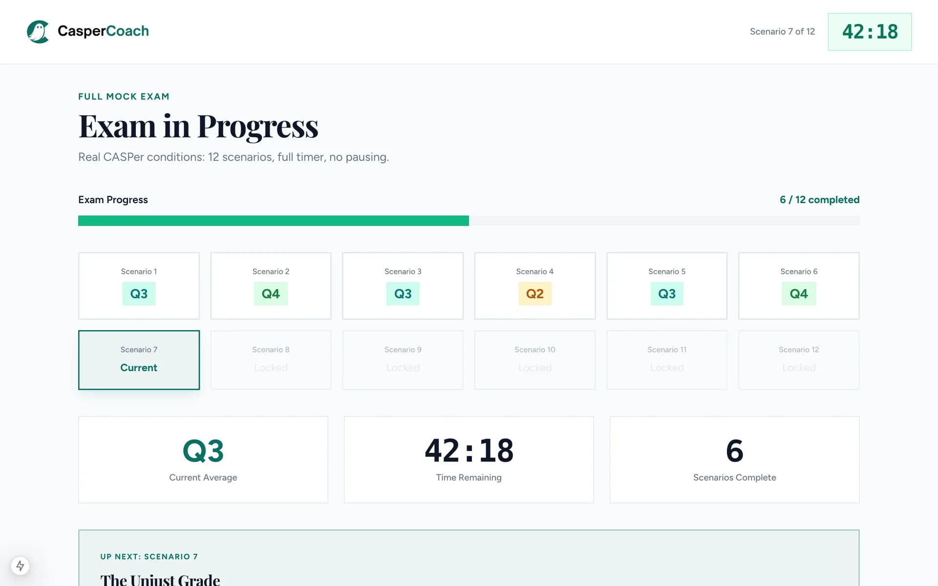 CasperCoach full mock exam progress with 12 scenarios and 42:18 remaining