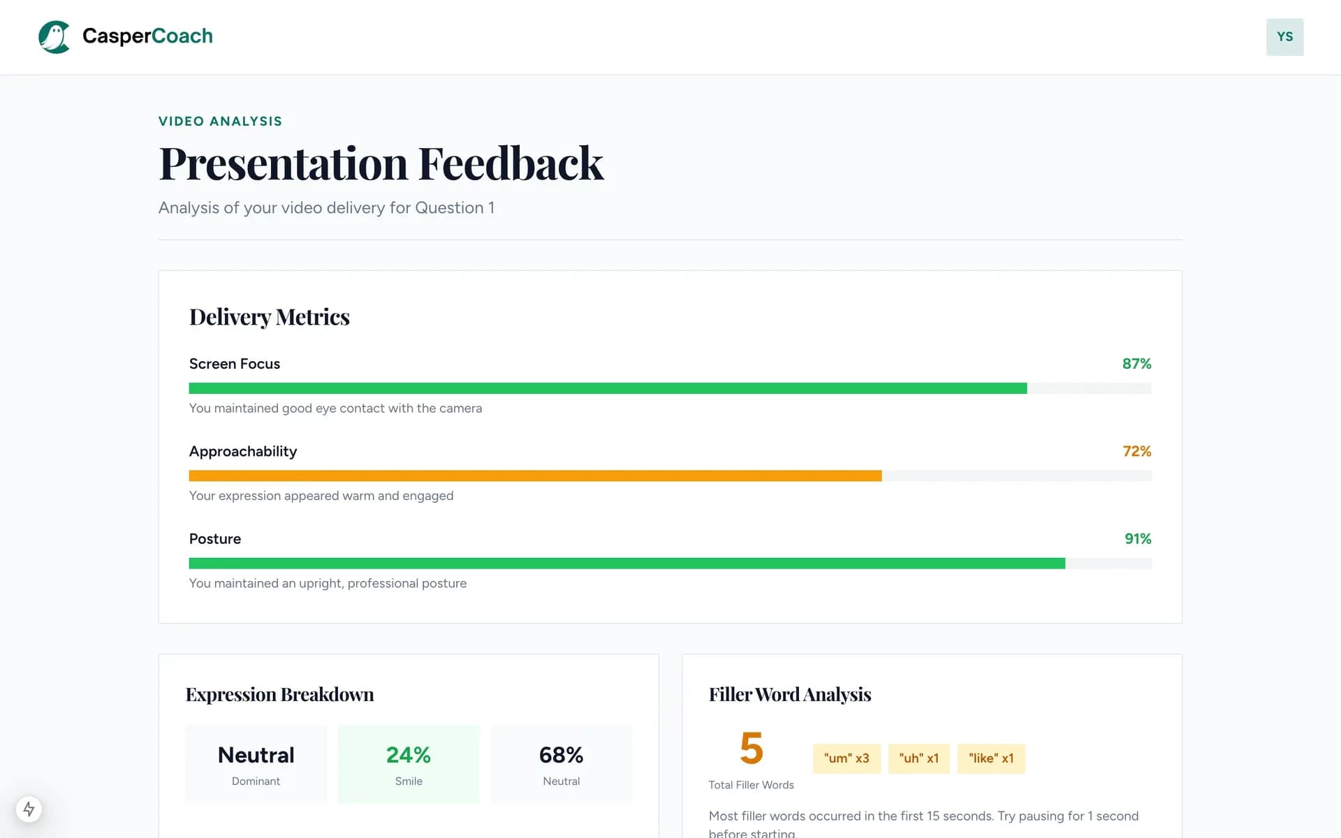 CasperCoach presentation feedback with eye contact, posture, and filler word analysis
