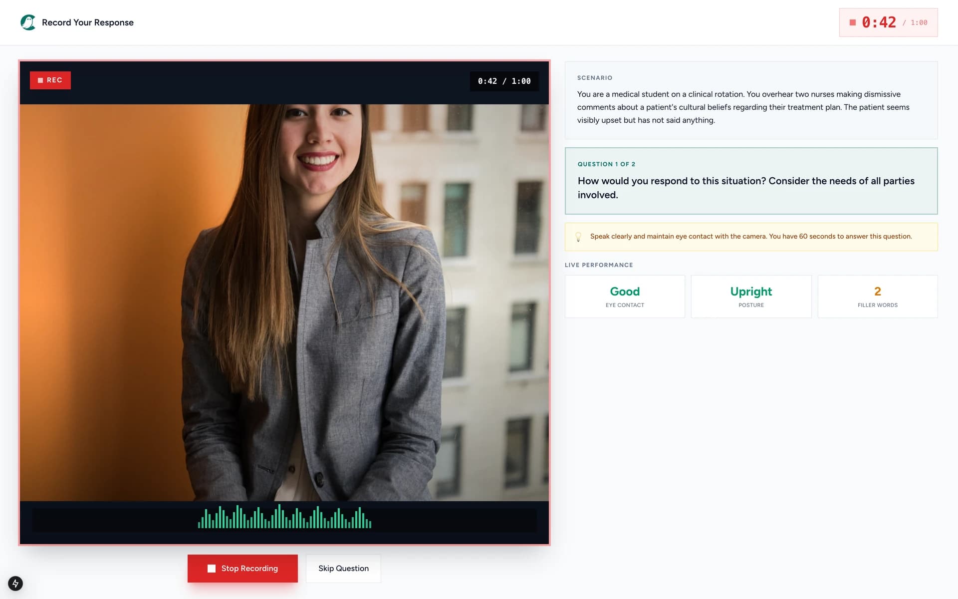CasperCoach video recording interface with live camera preview, scenario prompt, and 0:42 timer