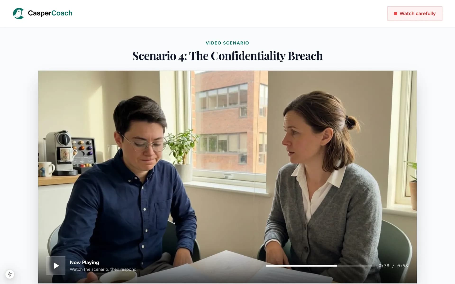 CasperCoach video scenario page with the video prompt playing